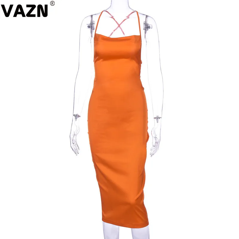 VAZN, Новое поступление, выдалбливают, сексуальные, открытые, модные, одноцветные, Холтер, открытая спина, без рукавов, для женщин, высокая талия, тонкое, миди платье - Цвет: Оранжевый