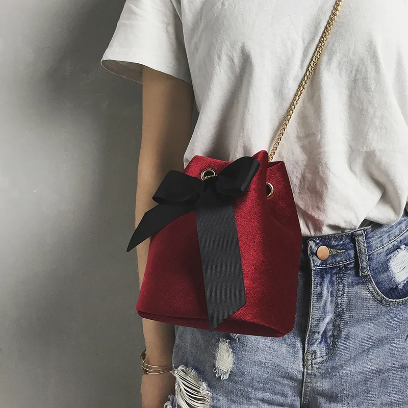 

2019 Spring New Style Korean-style Bow Silk Scarves Gold Velvet Bucket Bag WOMEN'S Bag Bag with Chain Shoulder Oblique Bag Cool