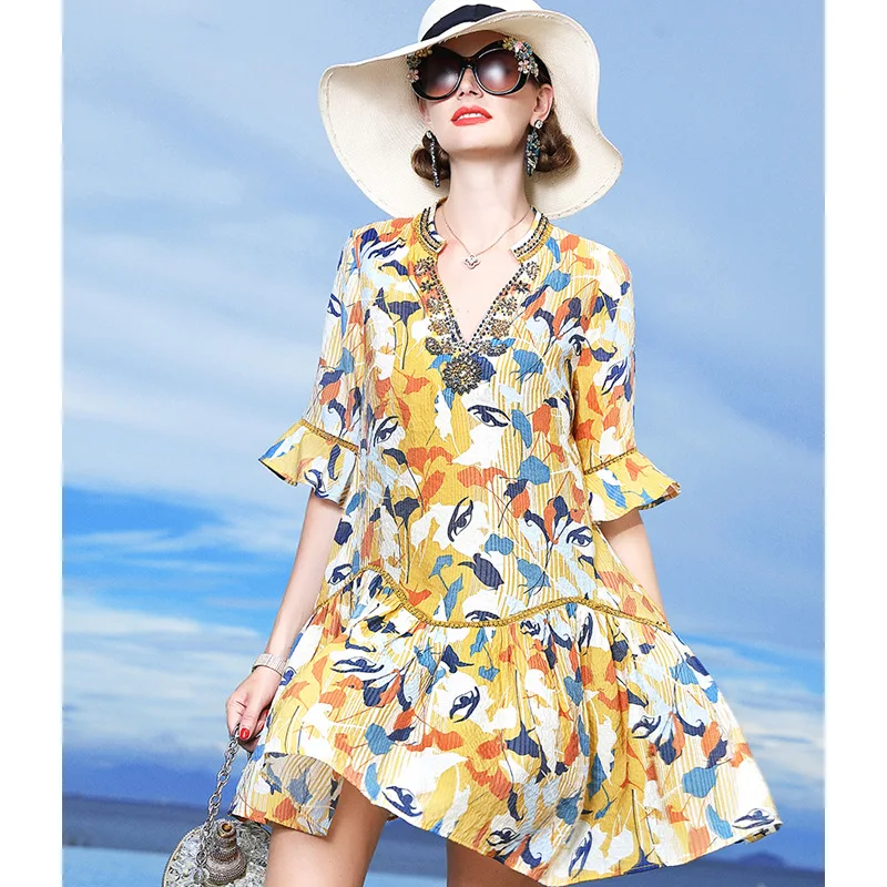 

Bell Sleeve Dress Women's Summer 2019 New Style Elegant Beach Long Skirts Loose-Fit V-neck A- line Floral Mid-length Skirt
