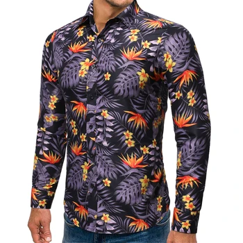 

high quality 2020 Spring Autumn new purple bougainvillea flower printed shirt men's loose long-sleeved lapel beach dress shirt