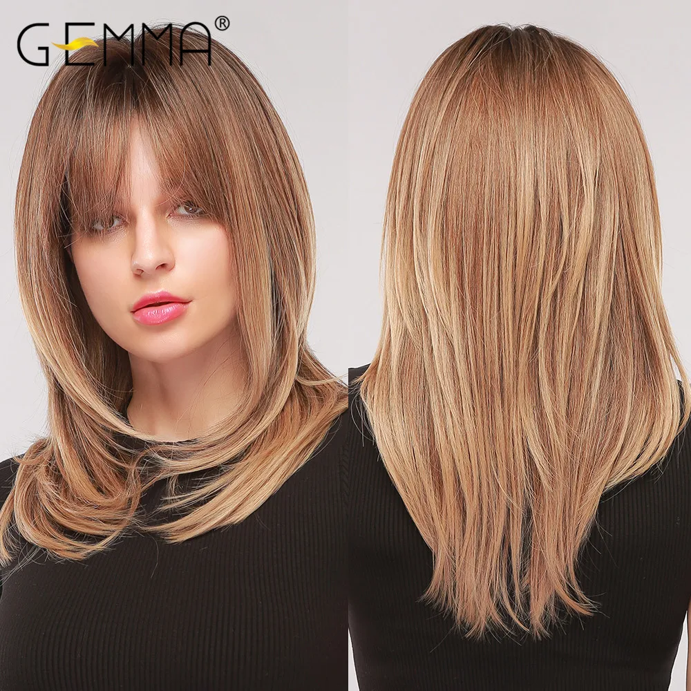 Gemma sintético médio ondulado natural perucas com franja para preto das mulheres africano americano ombre preto marrom cosplay festa de cabelo falso