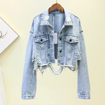 

Short Female Denim Jacket Coat 2019 New Spring Autumn Turn Down Collar Loose Hole Beading Tassel Long Sleeve Students Jeans