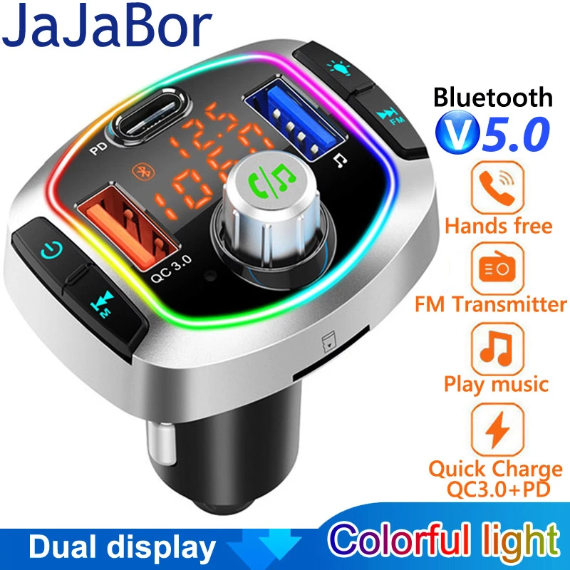 Jajabor Bluetooth 5.0 Car Kit Handsfree Wireless Fm Transmitter Car Mp3
