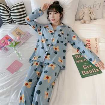 

Summer & Fall Ladies Pajamas Set Full Sleeve Cardigan+Pants 2PCS Homewear Loose Thin Floral Prined Women Fresh Style Sleepwear