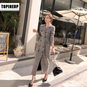 

2020 autumn and Winter Women Long Sleeve Woolen Coat Plaid Slim Elegant Office Lady Work Female Coats