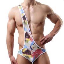 Популярный мягкий хлопковый мужской костюм для тела Мужская укороченная Ночная сорочка для мужчин Защита паха борцовское трико боди Сексуальное белье с красочным принтом