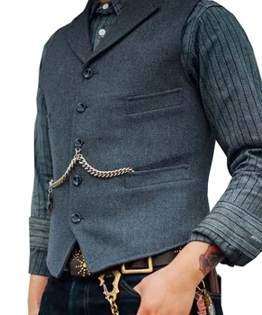 

Men's Suit Vest Boutique Wool Tweed Slim Fit Leisure Cotton Male Gentleman Beckham Business Waistcoat For Wedding Groomsmen