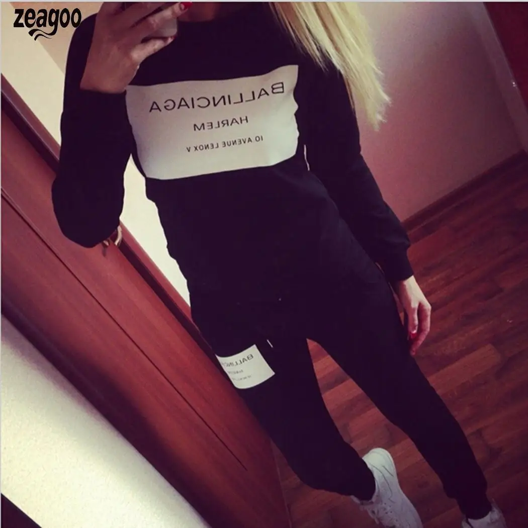 

Women Casual O-Neck Long Sleeve Top Gull Full Length Pants Pocket, Drawstring Letter Print Sportswear Set