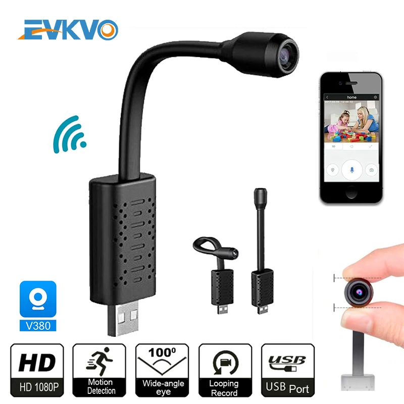 

EVKVO HD Smart Mini Wifi USB Camera Real-time Surveillance IP Camera AI Human Detection Loop Recording Mini Camera Hidden