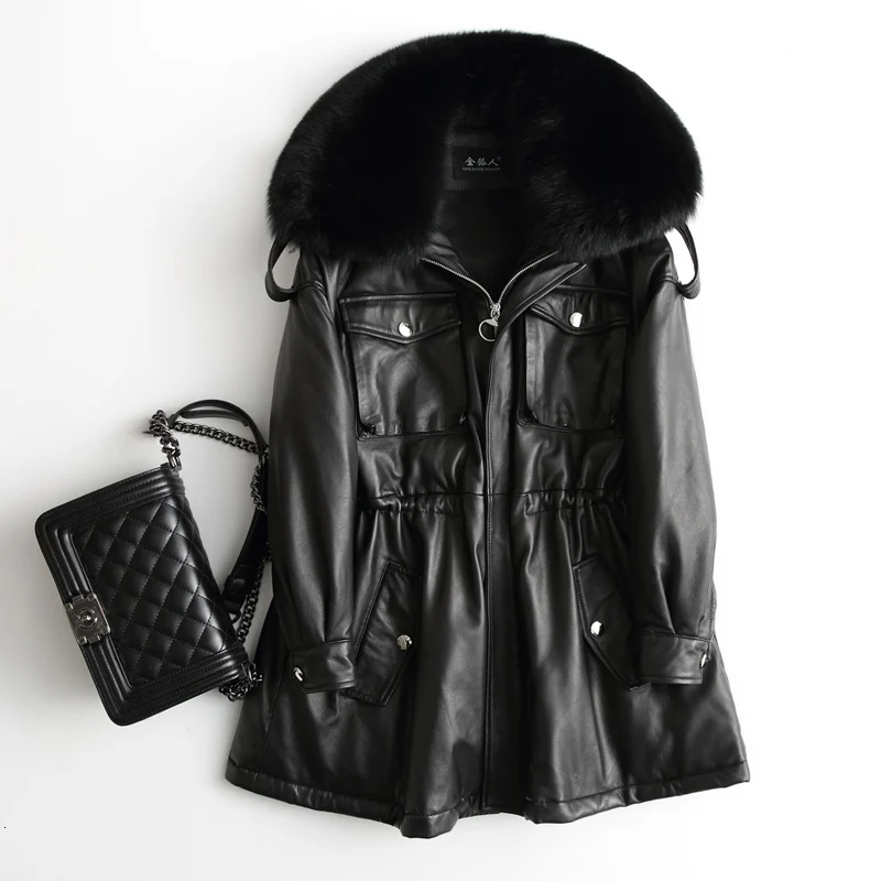 black black fur Куртка из натуральной кожи, зимнее пальто на утином пуху, Женская куртка из натуральной овчины, женская одежда, Veste Femme 17888 YY1041 - Цвет: black black fur