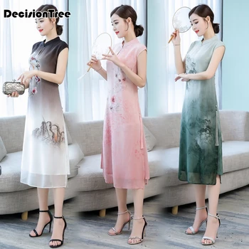 

2020 women elegant retro chinese traditional dress chiffon cheongsam female lady wedding sleeveless qipao floral print