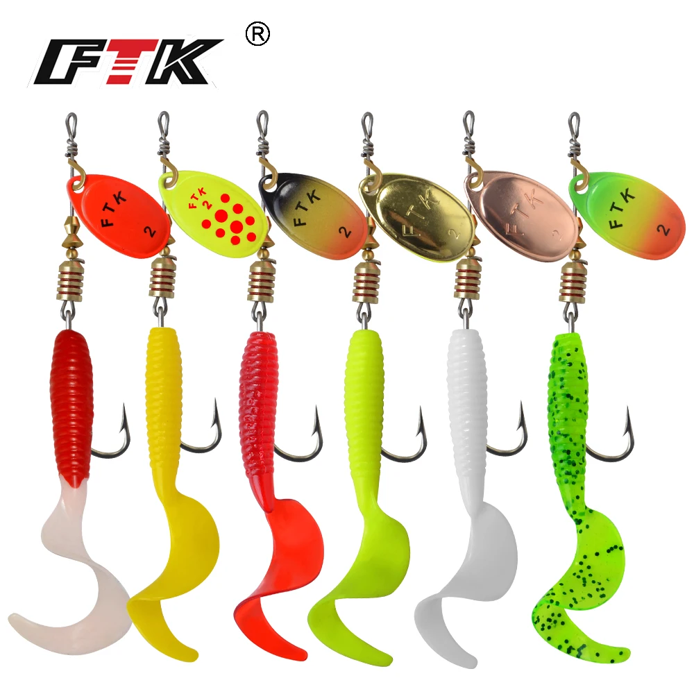 FTK Metal Spoon Fishing Lure Combo Spinner Bait 8.5g With 5 Replacement 75mm Curl Worms Soft Wobbler For Pike Bass | Спорт и
