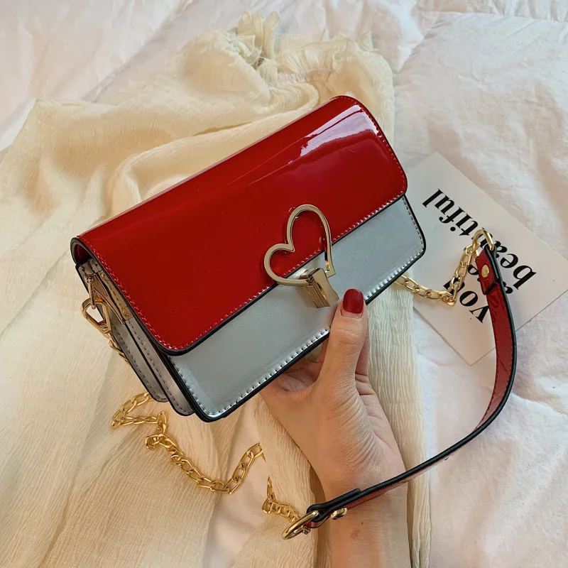 

Western Style INS Bag Women's 2020 New Style Korean-style Peach Heart Lock Square Sling Bag Contrast Color Chain Crossbody Bag F