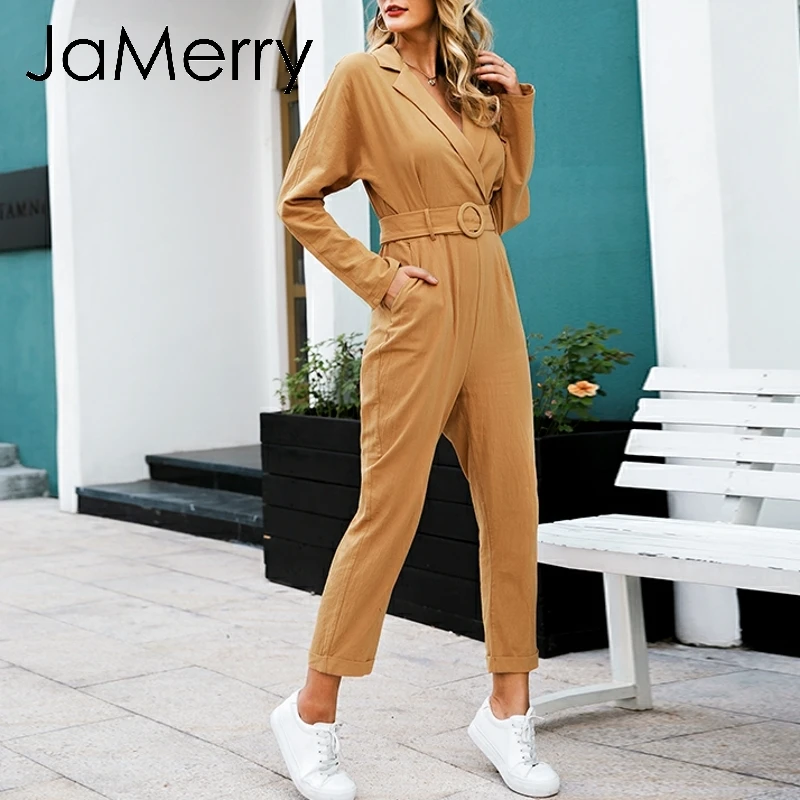 JaMerry Vintage cotton linen women jumpsuit romper Elegant work wear sash belt female jumpsuit Long sleeve office lady overalls