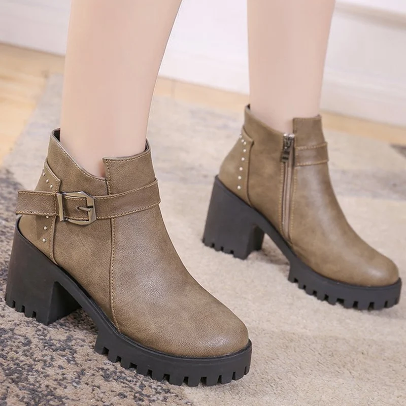 E TOY WORD 2019 Autumn New Martin boots Female England casual Square with High Heels Zipper Booties Ankle boots Women Shoes