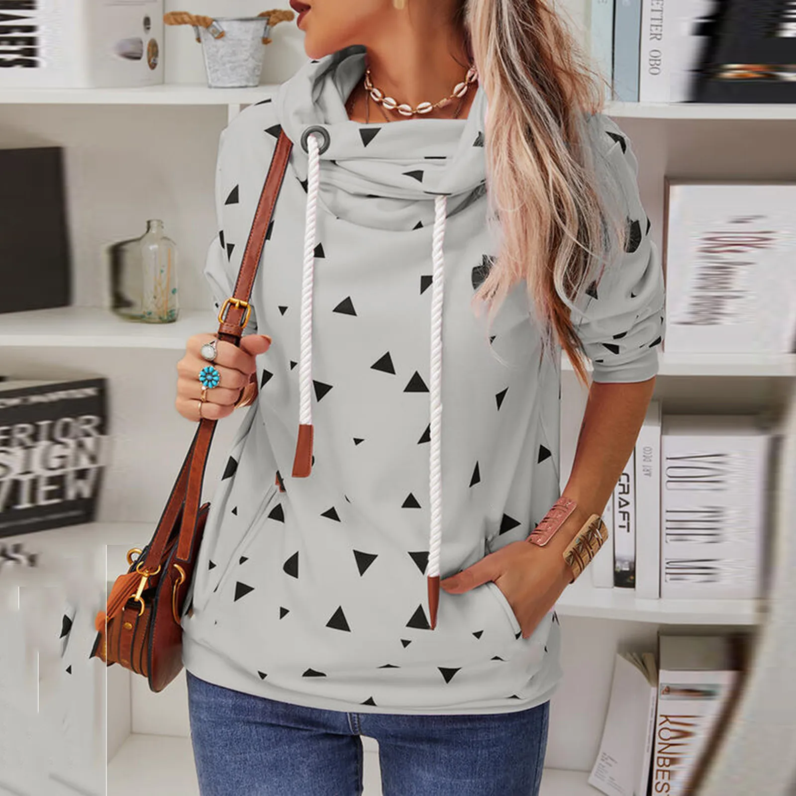 Hoodies Sweatshirt Turtleneck Women Sexy Color Bump Stitching Color Pocket Fall Winter Crop Workout Long Sleeve Cross Casual Top 1
