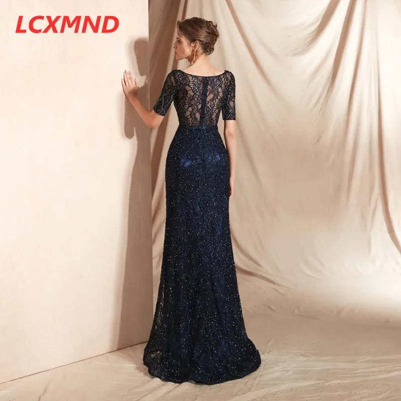 Кружевные вечерние платья с короткими рукавами и вырезами, длинные, Vestido de Festa, Русалка отделка бисером, вечернее платье для выпускного бала, платья