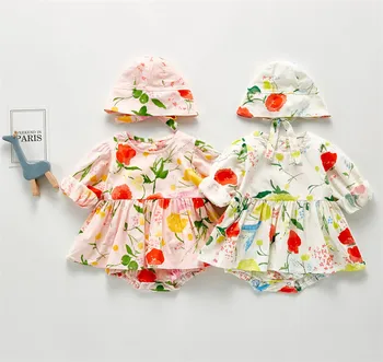 

2020 Autumn Baby Girls Jumpsuit Toddler Printed One-Piece Suit Flower Cute Princess Dress Fresh Outfits with Cap Baby Clothes