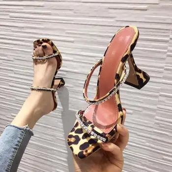 

WEIQIAONA sexy Leopard print enkelbandje vrouw Rhinestone square stiletto shoes met hoge hakken dames hoge hak Bruiloft shoes