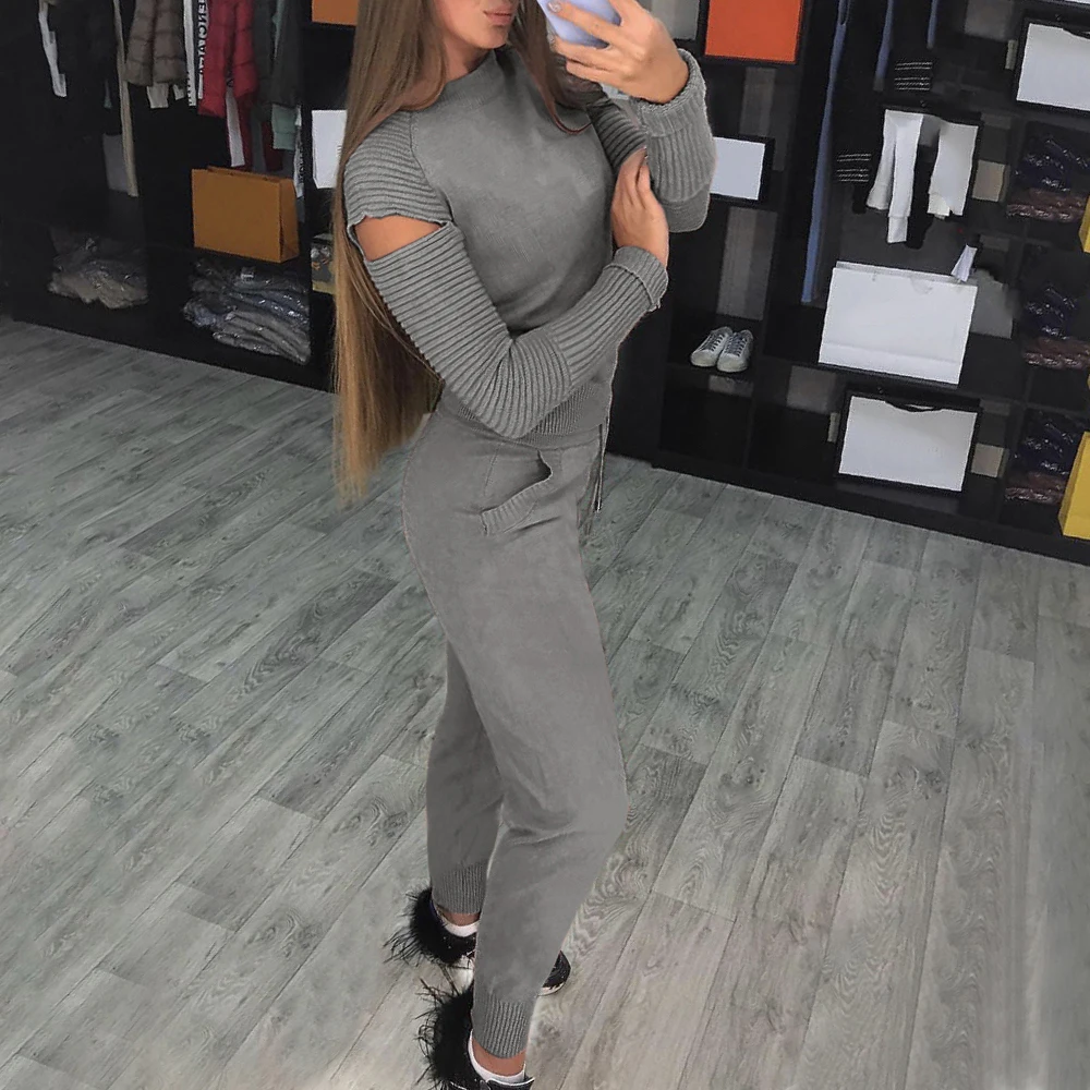 CALOFE, Осенний вязаный женский спортивный костюм, комплект из 2 предметов, пуловер с открытыми плечами и рукавами, топы, трикотажные штаны, повседневный трикотажный спортивный костюм