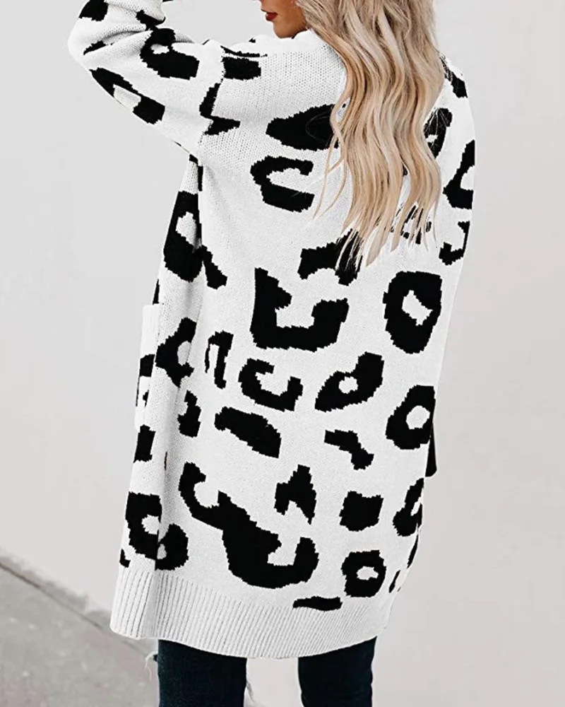 Sweater Girls Long Section Two Pocket Leopard Print Cardigan