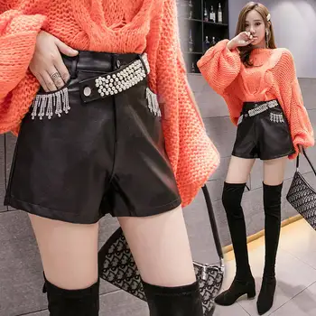 

2019 New Shorts Women Korean Loose Casual Wide-legged PU Leather Shorts Rhinestone Tassel All Over Women Shorts Beading,A330