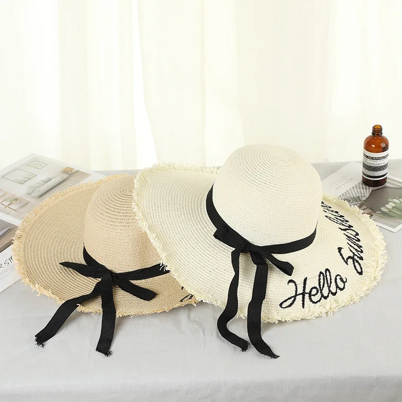 

2019 New Style Straw Hat Women's Butterfly Big Brim Cap Dome Sun-resistant Beach Lettered Big Brim Seaside Topee Fashion