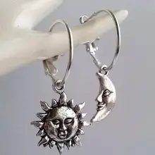 Солнце и серьги в форме Луны, ассиметричные серьги, обручи, серьги с небесными светилами, Серебряные Обручи, серьги-кольца, звезда, подарок
