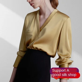 

Silk Shirt Women's Shirt Silky Enjoy Simple V-neck Long Sleeve Commuter Design Sense Satin 100% Silk