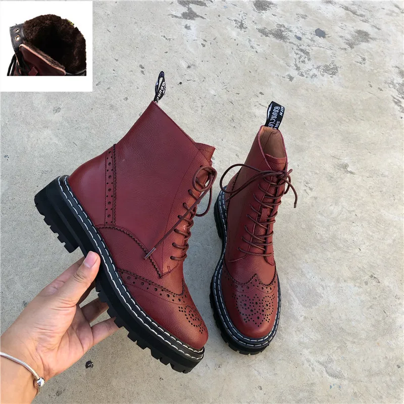 Red Plush lining Осенне-зимние полусапожки из высококачественной натуральной кожи в стиле панк; женские ботильоны на высоком каблуке со шнуровкой; обувь для вечеринок; женские Ботинки martin - Цвет: Red Plush lining