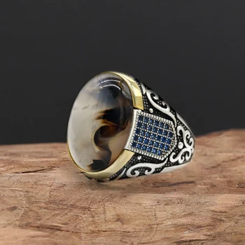 New Seven Color S925 Sterling Silver Antique Türkiye Blue Zircon and Agate Punk Rock Hand made Men's Ring Gift