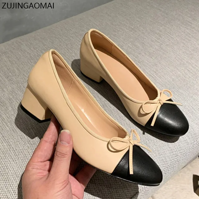 Bow Ballet High Heels Shoes Woman Basic Pumps 2022 Fashion Two Tone Stitching Round Bow Work Shoe Fashion Party Women Shoes Pump 1