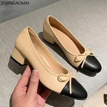 Zapatos de tacón alto de Ballet con lazo para mujer, calzado básico de trabajo con costura en dos tonos, redondos, a la moda, para fiesta, 2022