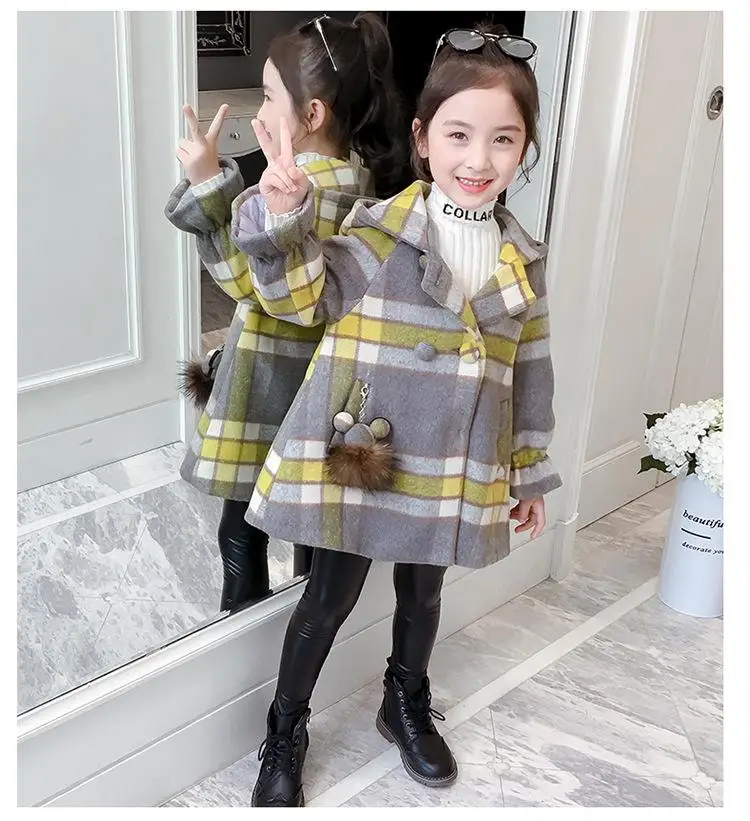 Шерстяное пальто; детская одежда в клетку для девочек; новое зимнее плотное пальто с капюшоном для детей среднего и большого размера; одежда для малышей