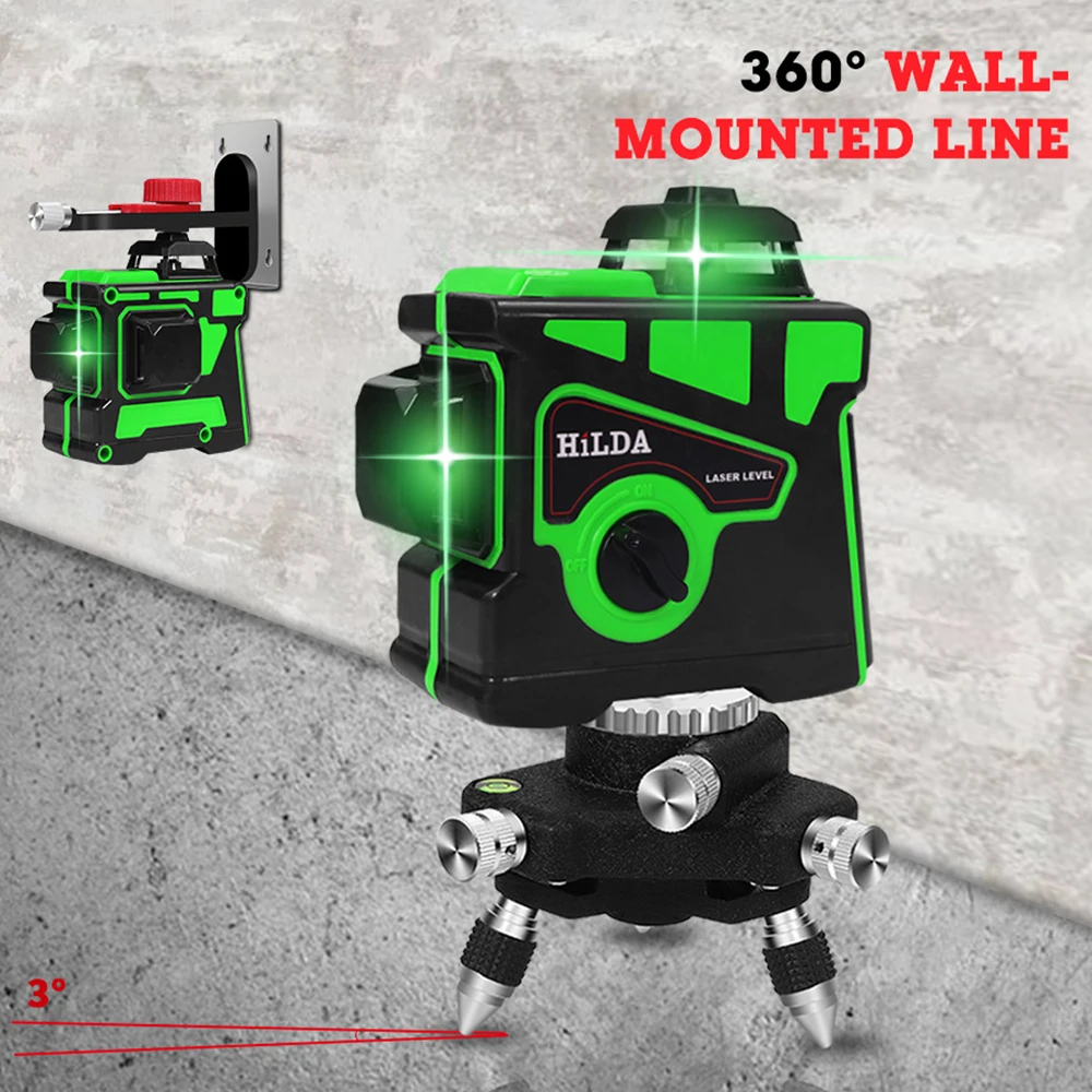 

3D Green 12 Lines Laser Level Self-Leveling 360 Degre Horizontal And Vertical Cross Lines Green Laser Line With Tripod Battery