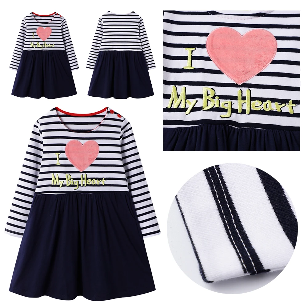 

Autumn Girls Long Sleeve Heart Letters Print Dress Kids Striped Patchwork Vestidos Party Princess Dresses Children Clothing