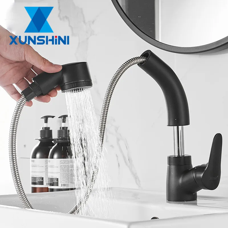 

XUNSHINI Lifting Pull Out Bathroom Basin Sink Faucet Single Handle Hot and Cold Water Crane Sink Mixer Tap