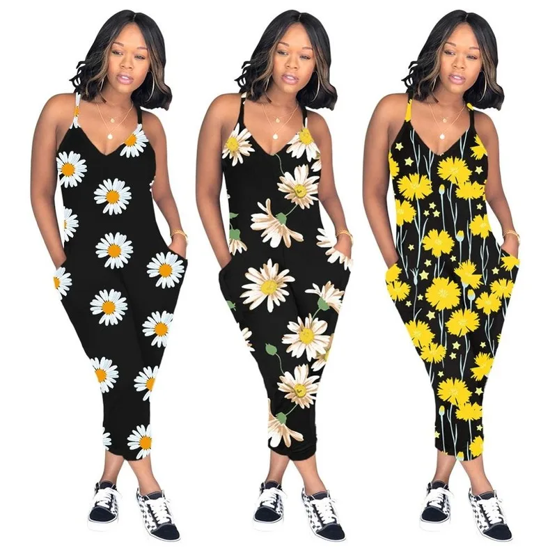 

Hotsale Little Daisy Print Jumpsuits Women Summer 2020 Deep V-Neck Sexy Floral Printing Strappy Jumpsuit Plus Size S-3XL
