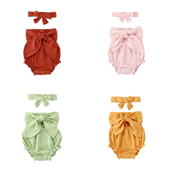 

Baby Girls Rompers Summer Newborn Baby Girls Off Shoulder Bowknot Rompers Jumpsuits with Headband Baby Girl Cotton Linen Outfits