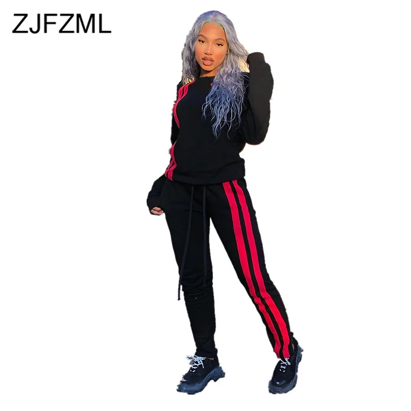 Red Striped Print Casual 2 Piece Matching Set Women O Neck Long Sleeve Hoodie+Drawstring Pant Autumn Winter Two Suit |