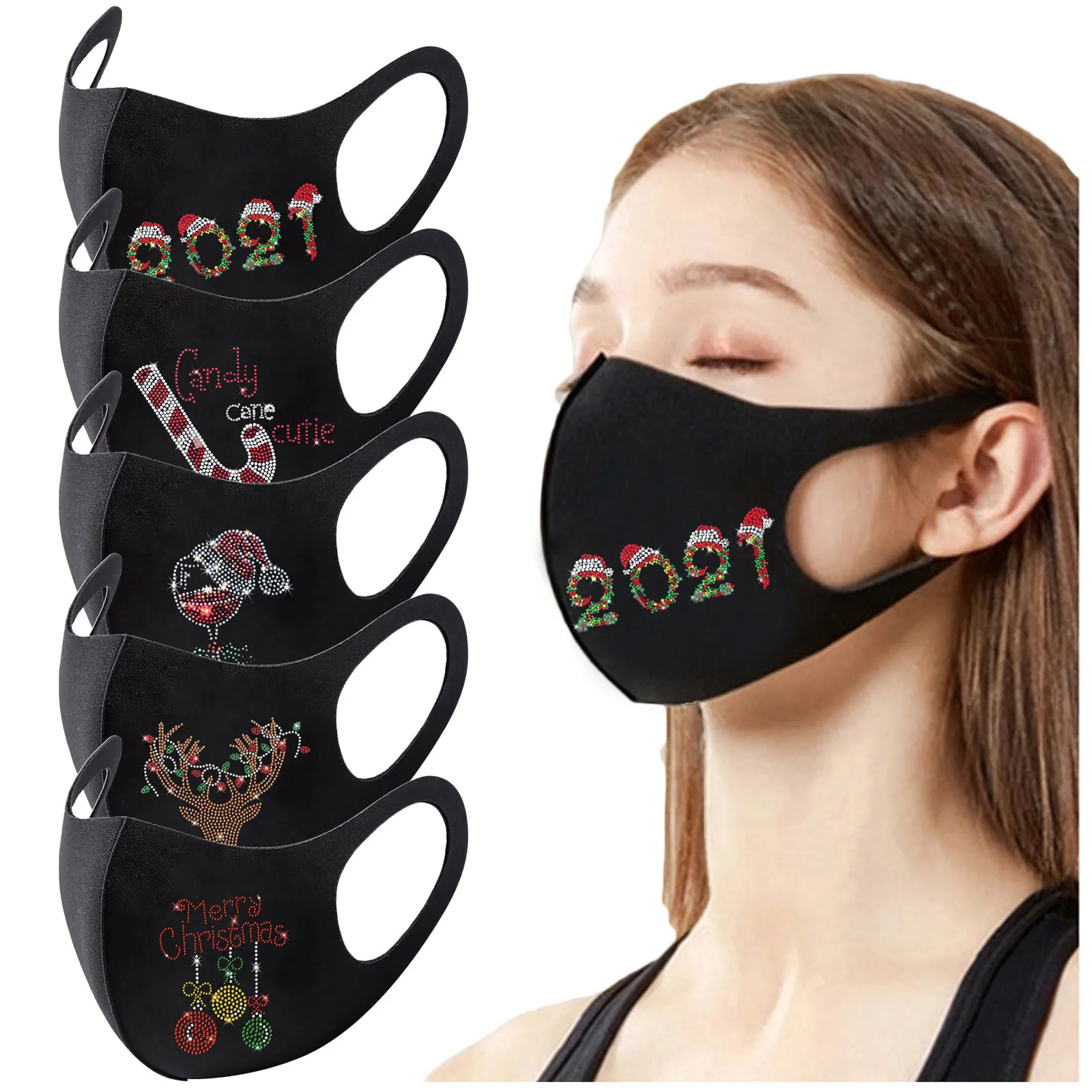 

1PC Unisex Adult 2021 Happy New Year Christmas Mask Rhinestone Warm Hair Ball Hanging Ear Mask Bandage fashion mouth covering