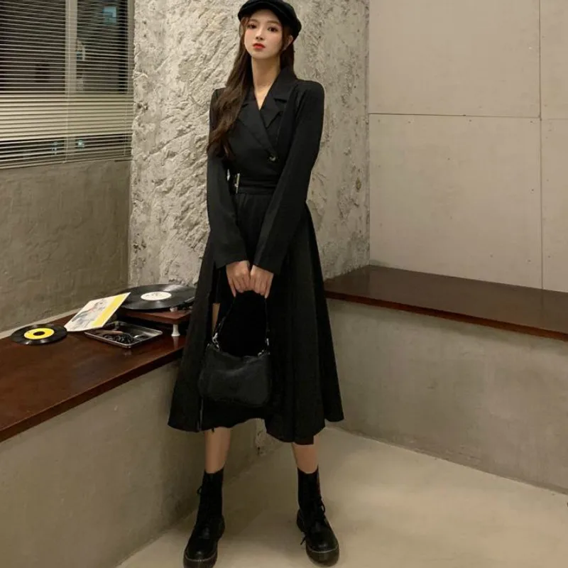 Women Long Sleeve Dress Notched High Waist Sashes Side-slit A-line Design New Mid-calf Solid Korean Style Chic Ulzzang Ins Femme monsoon dresses