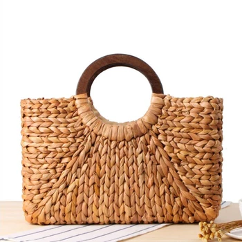 

Knitted Womens Summer Handbags Khaki Girl Straw Tote Bag High Capacity Femme Straw Beach Bag Handmade Top-handle Bags