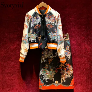 

Svoryxiu Women's Autumn Winter Runway Vintage Skirt Suit Long Sleeve Warrior Printed Jacket + Skirt Female Fashion Two Piece Set