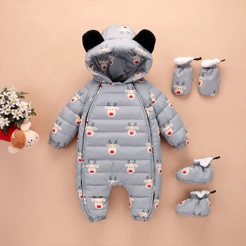 

Russia Cold Winter Baby Romper For Newborn Cartoon Duck Down Baby Overalls Jumpsuit+Shoes+Gloves Infant Baby Girl Boy Clothes