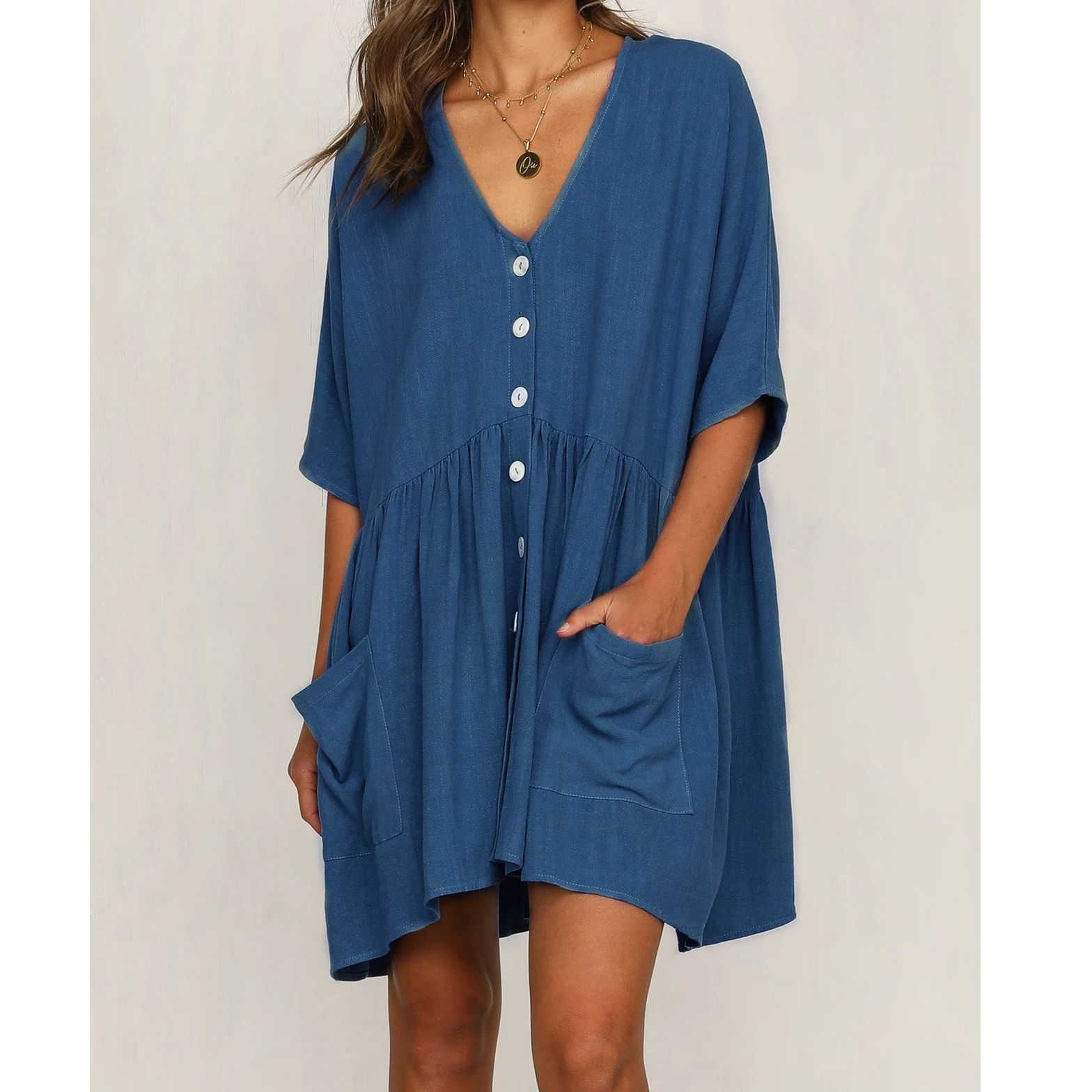 Summer Women's Clothing Dress Streetwear Half Sleeve V Neck Pockets Buttons Decorative Loose Casual Mini Dress Plus Size M0466