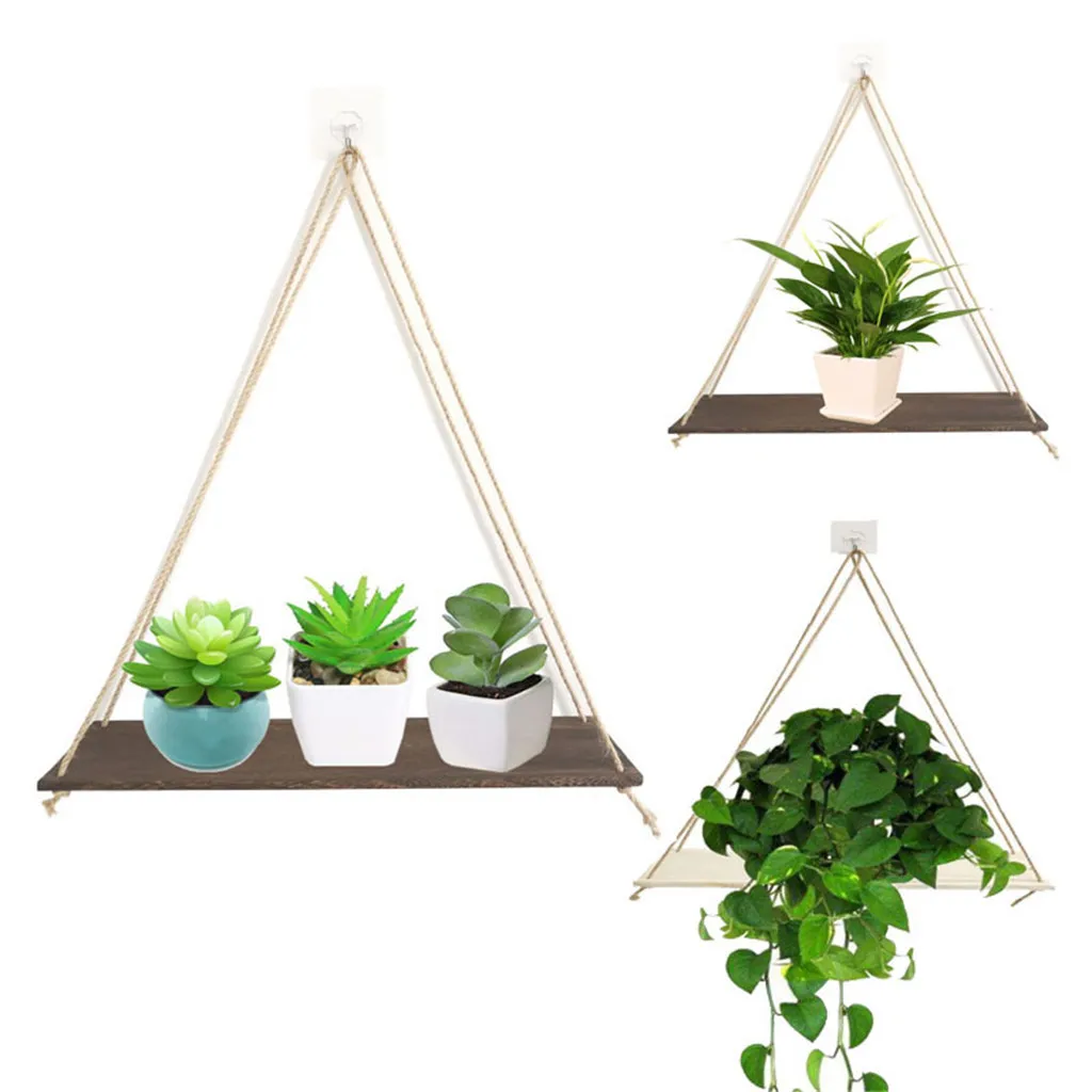 Premium Wood Swing Twine Hanging Rope Wall Mounted Floating Shelves Plant Flower Pot Wall Storage Holder Home Room Decoration