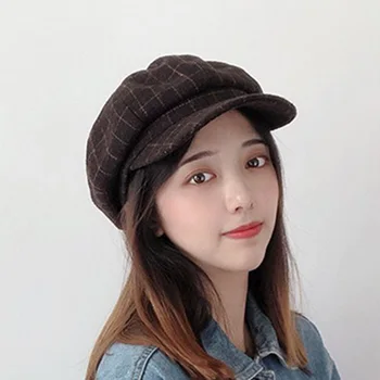 

Women Autumn Retro Plaid octagonal Hat British Student Art Port Wind Bend Eaves Newspaper Children's Hat All Kinds Cotton Berets