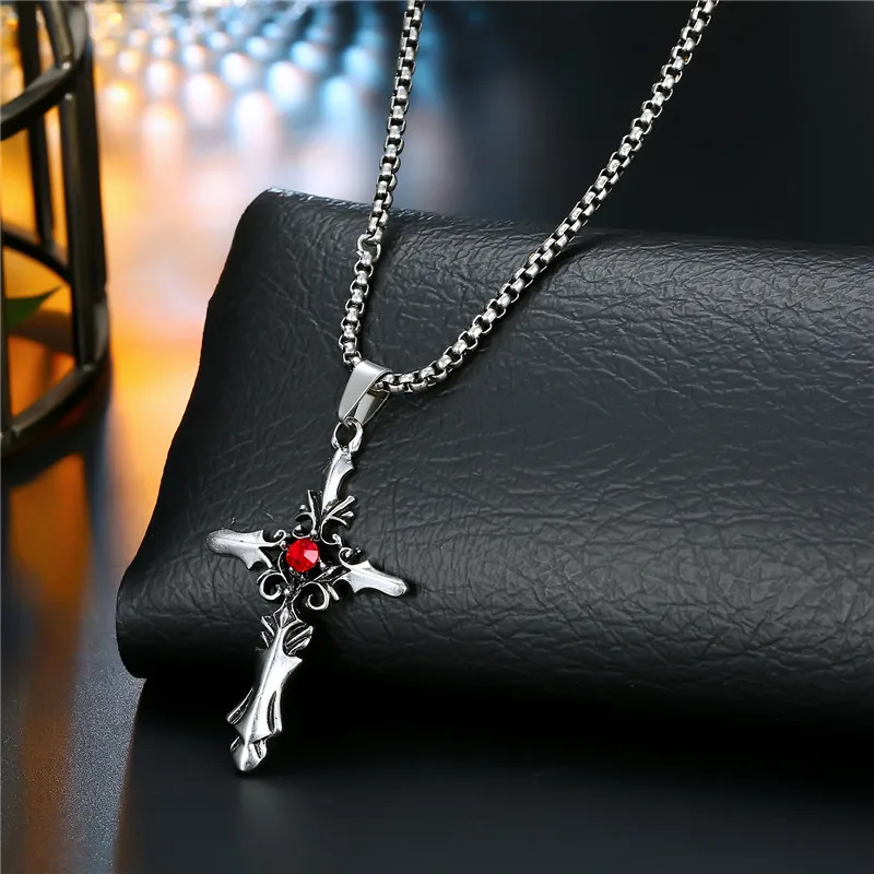 1PC Punk Vintage Metal Rose Cross Skeleton Necklace Personality Gothic Red Zircon Sword Pendant Necklace Women Men Jewelry N70
