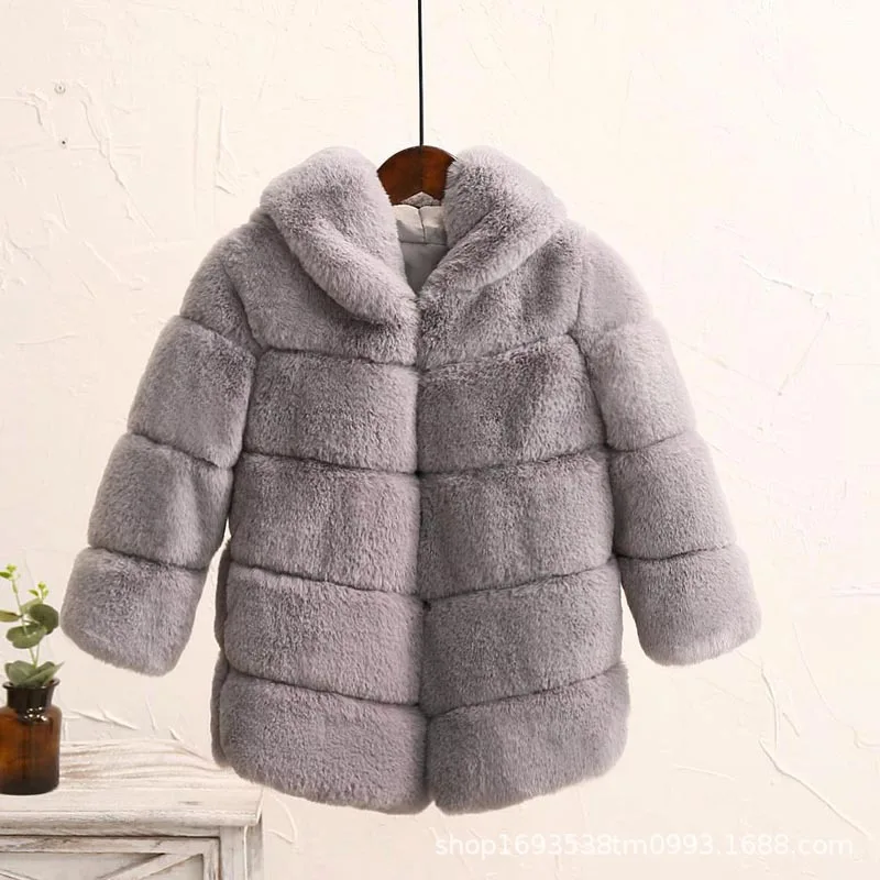 Детское пальто из искусственного меха, утепленная детская одежда из искусственного меха кролика рекса для девочек, зимние теплые пальто с капюшоном для маленьких детей, 24 мес.-10 лет - Цвет: Серый